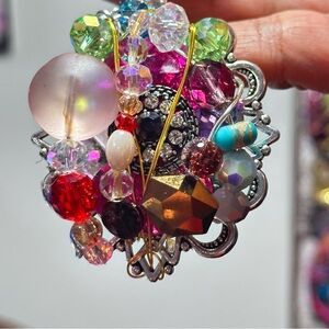 Handmade Pendant Necklace Medallion Glass Crystal Beads Assemblage Art OOAK 0800